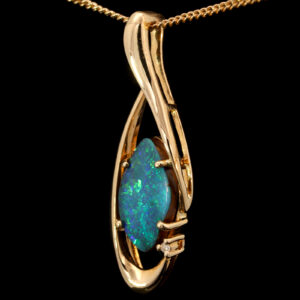 Yellow Gold Blue Green Solid Australian Boulder Opal and Diamond Pendant Necklace