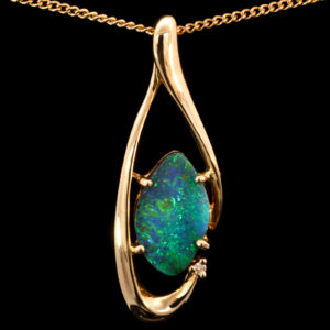 Yellow Gold Blue Green Solid Australian Boulder Opal and Diamond Pendant Necklace