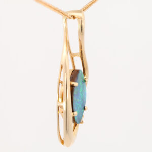 Yellow Gold Blue Green Solid Australian Boulder Opal and Diamond Pendant Necklace