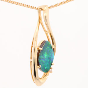 Yellow Gold Blue Green Solid Australian Boulder Opal and Diamond Pendant Necklace