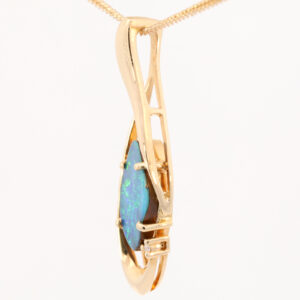 Yellow Gold Blue Green Solid Australian Boulder Opal and Diamond Pendant Necklace