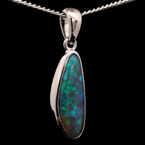 Sterling Silver Blue Green Solid Australian Black Crystal Opal Pendant Necklace