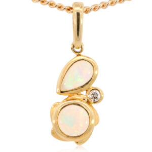 Yellow Gold Blue Green Yellow Orange Red Solid Australian Crystal Opal and Diamond Pendant Necklace