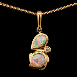 Yellow Gold Blue Green Yellow Orange Red Solid Australian Crystal Opal and Diamond Pendant Necklace