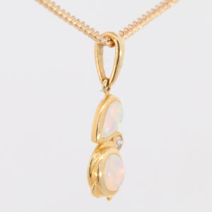 Yellow Gold Blue Green Yellow Orange Red Solid Australian Crystal Opal and Diamond Pendant Necklace