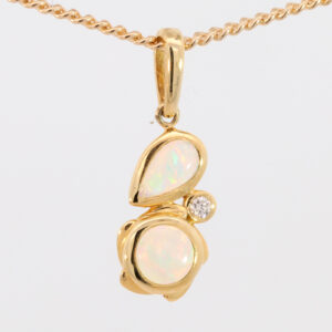 Yellow Gold Blue Green Yellow Orange Red Solid Australian Crystal Opal and Diamond Pendant Necklace
