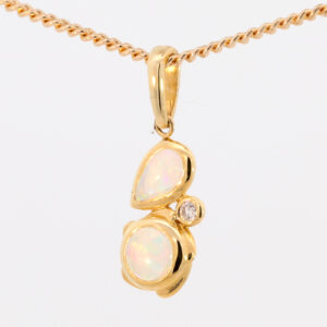 Yellow Gold Blue Green Yellow Orange Red Solid Australian Crystal Opal and Diamond Pendant Necklace