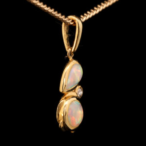 Yellow Gold Blue Green Yellow Orange Red Solid Australian Crystal Opal and Diamond Pendant Necklace