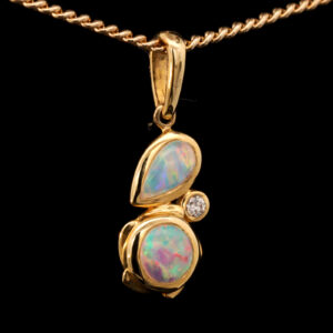 Yellow Gold Blue Green Yellow Orange Red Solid Australian Crystal Opal and Diamond Pendant Necklace
