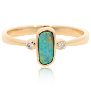 Yellow Gold Blue Green Yellow Orange Solid Australian Black Opal and Diamond Engagement Ring