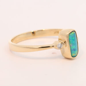 Yellow Gold Blue Green Yellow Orange Solid Australian Black Opal and Diamond Engagement Ring