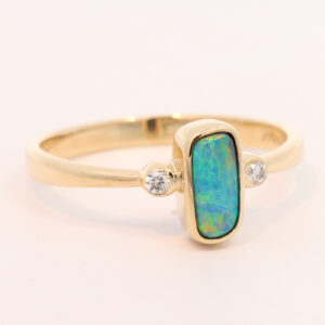 Yellow Gold Blue Green Yellow Orange Solid Australian Black Opal and Diamond Engagement Ring