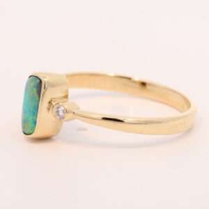 Yellow Gold Blue Green Yellow Orange Solid Australian Black Opal and Diamond Engagement Ring