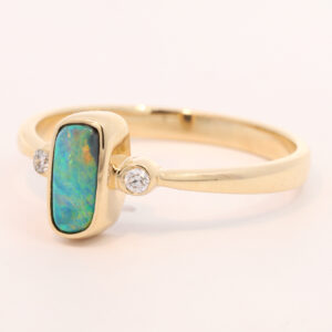 Yellow Gold Blue Green Yellow Orange Solid Australian Black Opal and Diamond Engagement Ring