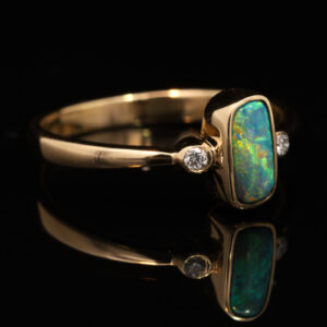 Yellow Gold Blue Green Yellow Orange Solid Australian Black Opal and Diamond Engagement Ring