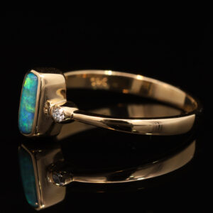 Yellow Gold Blue Green Yellow Orange Solid Australian Black Opal and Diamond Engagement Ring