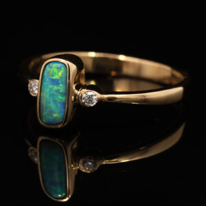 Yellow Gold Blue Green Yellow Orange Solid Australian Black Opal and Diamond Engagement Ring