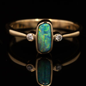 Yellow Gold Blue Green Yellow Orange Solid Australian Black Opal and Diamond Engagement Ring