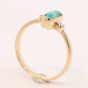 Yellow Gold Blue Green Yellow Orange Solid Australian Black Opal and Diamond Engagement Ring