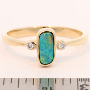 Yellow Gold Blue Green Yellow Orange Solid Australian Black Opal and Diamond Engagement Ring