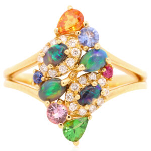 Yellow Gold Blue Green Black Opal Diamond Garnet Sapphire and Ruby Ring