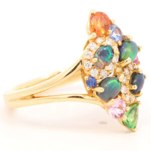 Yellow Gold Blue Green Solid Australian Black Opal Diamond Garnet Sapphire and Ruby Engagement Ring