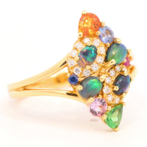Yellow Gold Blue Green Solid Australian Black Opal Diamond Garnet Sapphire and Ruby Engagement Ring