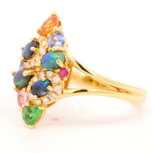 Yellow Gold Blue Green Solid Australian Black Opal Diamond Garnet Sapphire and Ruby Engagement Ring