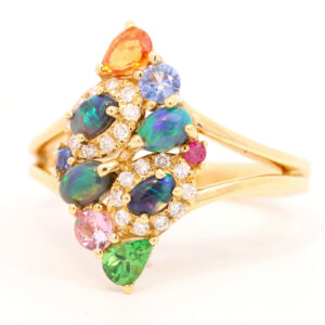 Yellow Gold Blue Green Solid Australian Black Opal Diamond Garnet Sapphire and Ruby Engagement Ring