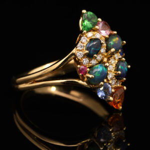 Yellow Gold Blue Green Solid Australian Black Opal Diamond Garnet Sapphire and Ruby Engagement Ring