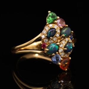 Yellow Gold Blue Green Solid Australian Black Opal Diamond Garnet Sapphire and Ruby Engagement Ring