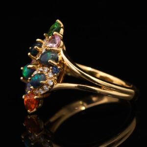 Yellow Gold Blue Green Solid Australian Black Opal Diamond Garnet Sapphire and Ruby Engagement Ring