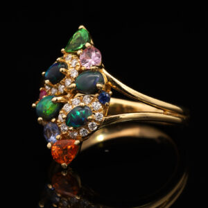 Yellow Gold Blue Green Solid Australian Black Opal Diamond Garnet Sapphire and Ruby Engagement Ring