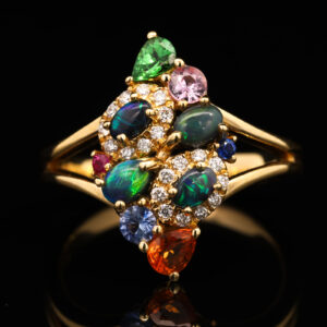 Yellow Gold Blue Green Solid Australian Black Opal Diamond Garnet Sapphire and Ruby Engagement Ring