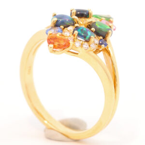 Yellow Gold Blue Green Solid Australian Black Opal Diamond Garnet Sapphire and Ruby Engagement Ring