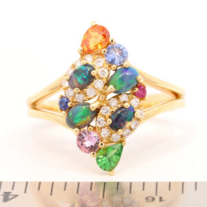 Yellow Gold Blue Green Solid Australian Black Opal Diamond Garnet Sapphire and Ruby Engagement Ring