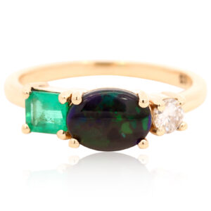 Yellow Gold Blue Green Solid Australian Black Opal Emerald and Diamond Engagement Ring