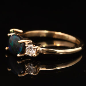 Yellow Gold Blue Green Solid Australian Black Opal Emerald and Diamond Engagement Ring