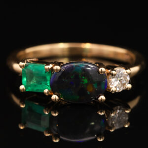 Yellow Gold Blue Green Solid Australian Black Opal Emerald and Diamond Engagement Ring