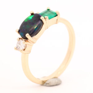 Yellow Gold Blue Green Solid Australian Black Opal Emerald and Diamond Engagement Ring