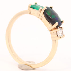 Yellow Gold Blue Green Solid Australian Black Opal Emerald and Diamond Engagement Ring