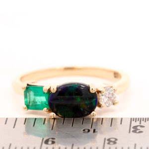Yellow Gold Blue Green Solid Australian Black Opal Emerald and Diamond Engagement Ring