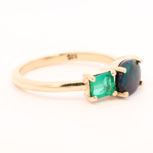 Yellow Gold Blue Green Solid Australian Black Opal Emerald and Diamond Engagement Ring