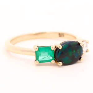 Yellow Gold Blue Green Solid Australian Black Opal Emerald and Diamond Engagement Ring