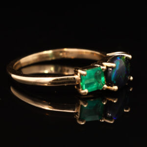 Yellow Gold Blue Green Solid Australian Black Opal Emerald and Diamond Engagement Ring