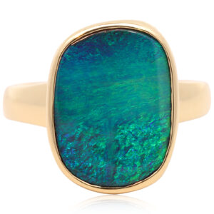 Yellow Gold Blue Green Solid Australian Boulder Opal Engagement Ring