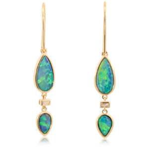 Yellow Gold Blue Green Yellow Orange Australian Doublet Opal and Diamond Earrings