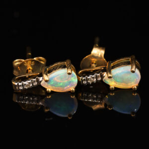 Yellow Gold Blue Green Solid Australian Crystal Opal and Diamond Earrings