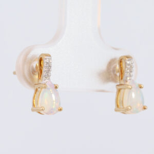 Yellow Gold Blue Green Solid Australian Crystal Opal and Diamond Earrings