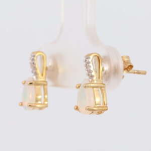 Yellow Gold Blue Green Solid Australian Crystal Opal and Diamond Earrings